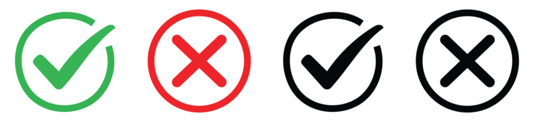 Obraz premium Check mark and cross mark icons in green, red, and black colors for approval or rejection feedback.