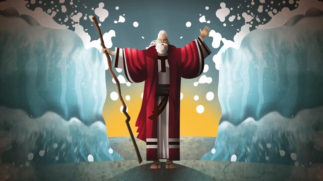 moses parting the red sea with staff creating path through waters