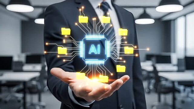 Business using futuristic AI technology interface with digital neural network and data folders