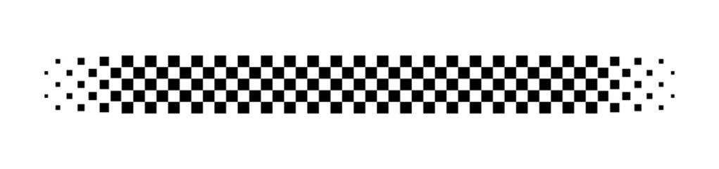 Race flag line. Black and white checker finish ribbon. Car race check grid pattern. Rally border texture. Gradient chess line. Graphic design element. Vector illustration isolated on white background. © Elena Pimukova