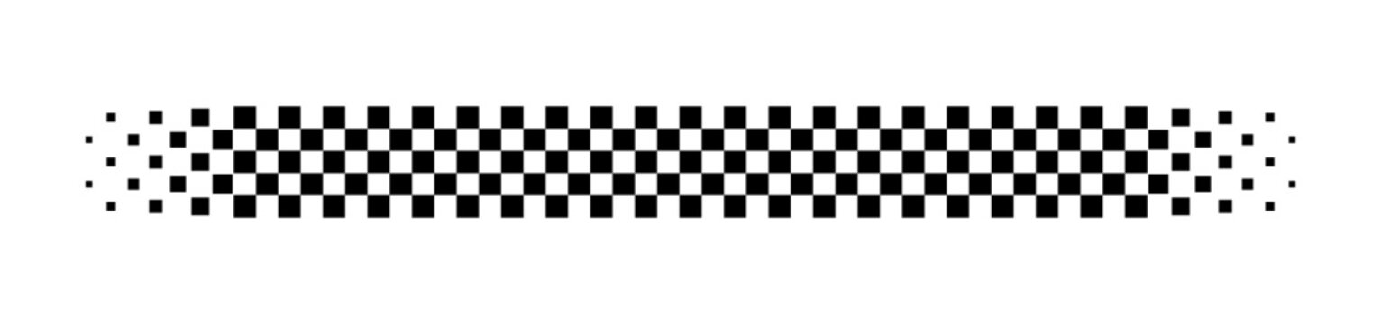 Race flag line. Black and white checker finish ribbon. Car race check grid pattern. Rally border texture. Gradient chess line. Graphic design element. Vector illustration isolated on white background.