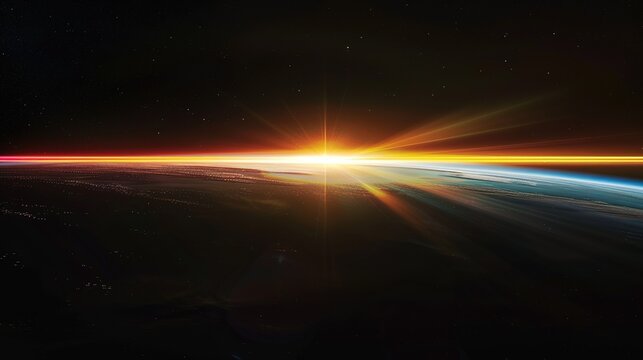 Colorful long thin light beam on black background, yellow red orange blue gradient, space view from earth orbiting satellite