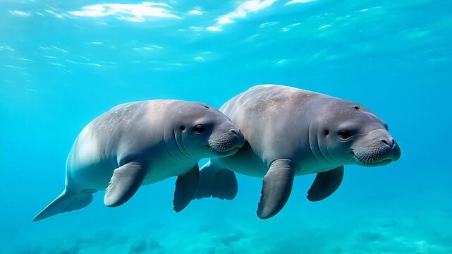 Two manatees swimming underwater