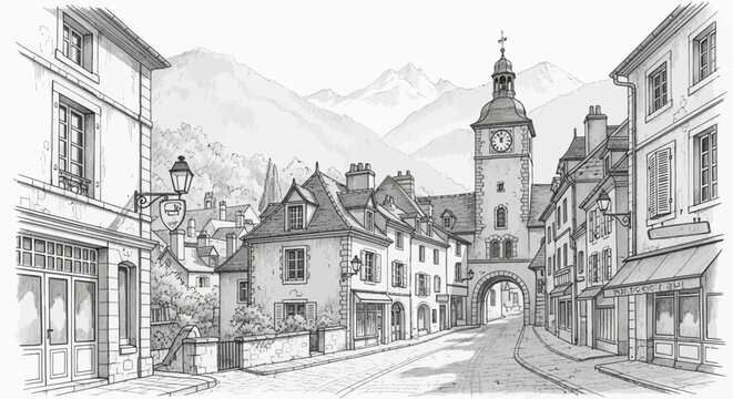 Charming European Town Street Scene with Clock Tower and Buildings