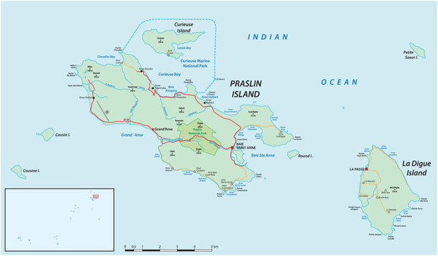 Road map of the Sechelles islands of Praslin and La Digue
