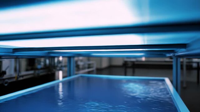 Dynamic blue liquid surface creating ripples and reflections under bright lights, symbolizing ongoing research and advanced technology within an experimental lab or industrial setting