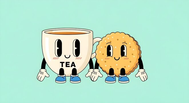 Adorable vintage rubber hose style animated tea cup character standing happily beside a smiling biscuit character against a light background