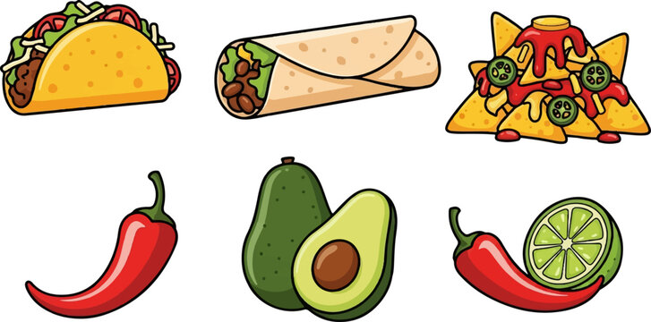 A colorful assortment of Mexican-inspired food items, including a taco, burrito, nachos, and peppers