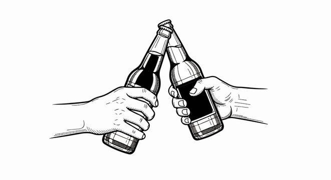 Two hands holding beer bottles, toasting in a celebratory gesture