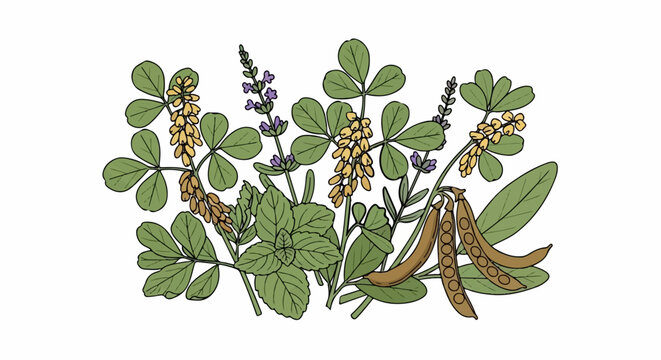 A botanical illustration of various green plants and herbs with pods and flowers