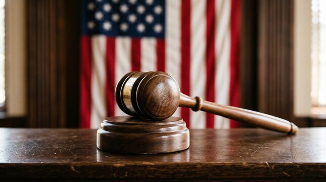 Wooden gavel rests on a polished desk in front of an American flag, symbolizing legal authority and judicial proceedings within a formal courtroom setting.