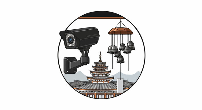 Surveillance camera overlooks a pagoda with wind chimes and a blank tag