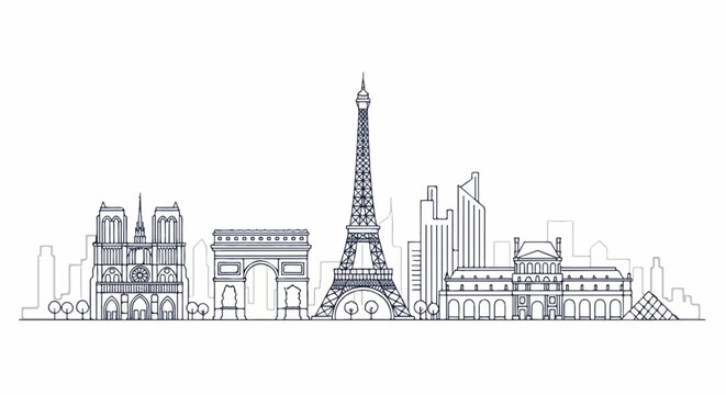Stylized skyline illustration featuring iconic Parisian landmarks in a minimalist outline style