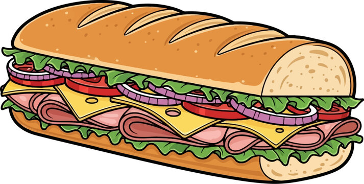 A delicious cartoon-style sandwich with ham, cheese, lettuce, onion, and tomato