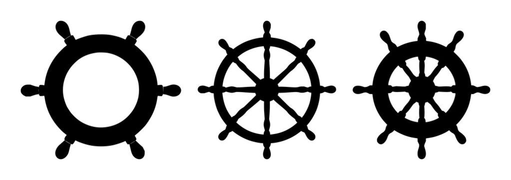 Cruise ship steering wheel icon set with solid black design on white background featuring maritime, navigation, ship with black and white and vector