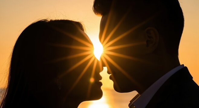 Romantic silhouette of a man and woman during golden hour, pre-wedding engagement session