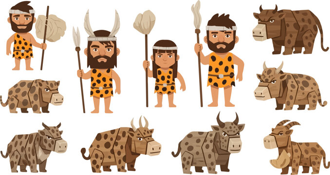 Primitive people in animal skins with spears and prehistoric cattle
