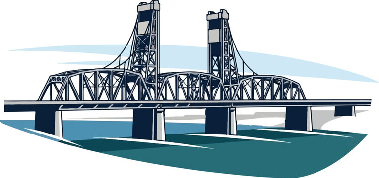 A stylized drawing of a vertical lift bridge spanning over water