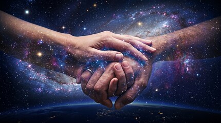 Fototapeta premium Two hands clasped together in a cosmic galaxy setting, symbolizing unity.