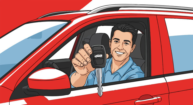 Man smiling inside red car, holding car key