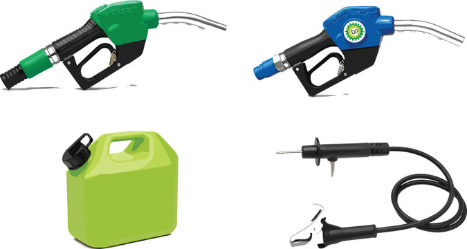 Fuel pump nozzles gas can and electric charger cable set energy equipment vector illustration
