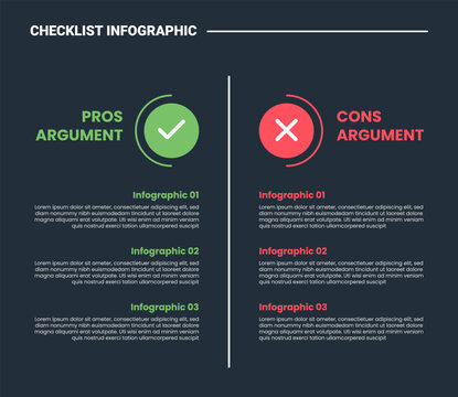 Checklist infographic process diagram with comparison check and uncheck opposite position with dark background bright outline style 2 points