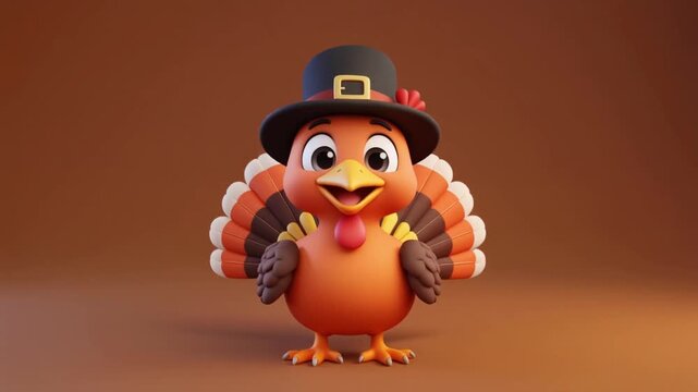 A cartoon turkey wearing a pilgrim hat and dancing on a brown background