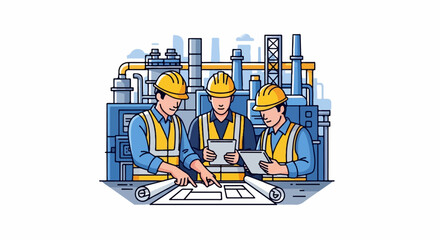 Fototapeta premium Engineers in yellow hard hats review blueprints and tablets at a factory