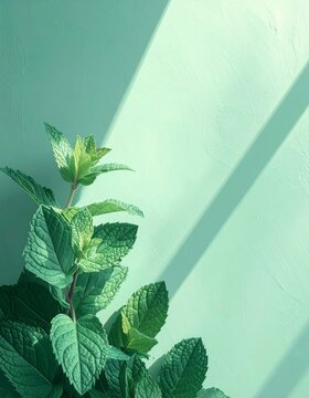 Fresh Mint Plant with Green Leaves Against Pale Green Textured Wall