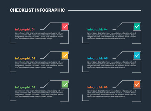 Checklist infographic process diagram with long folder outline box with cut open set with dark background bright outline style 6 points