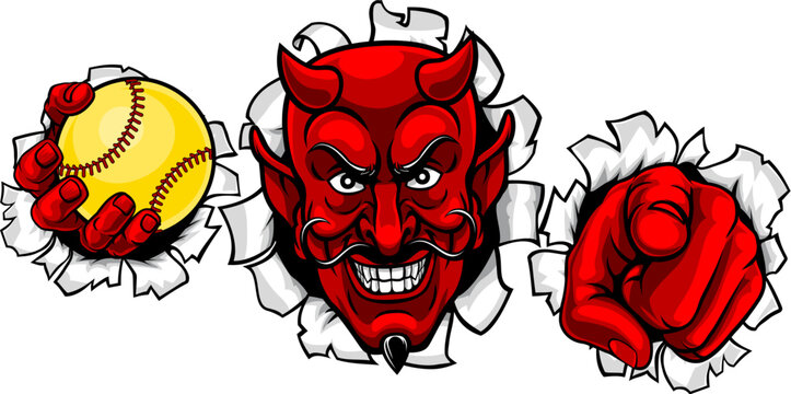 A devil man holding softball ball, breaking through the background and pointing sports team mascot illustration.