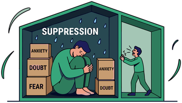 A person struggles with suppression of emotions like anxiety and fear in a confined space.
