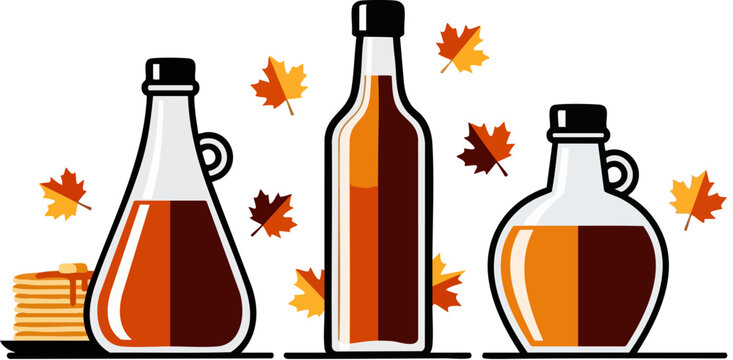 PrintCollection of three distinct maple syrup containers showcasing amber liquid alongside a small stack of pancakes and falling autumn leaves