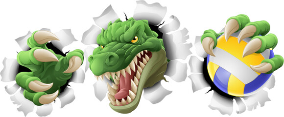 An alligator, crocodile or dinosaur volleyball animal sports mascot holding a volley ball in his claw © Christos Georghiou
