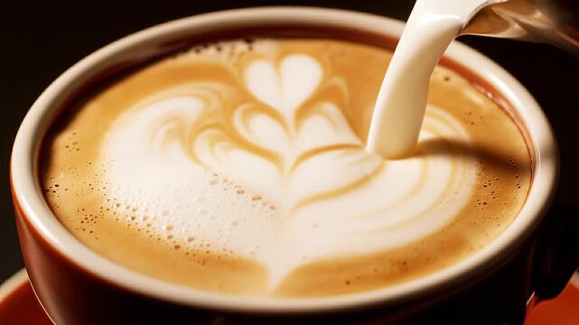 Barista pouring steamed milk into coffee making latte art heart pattern