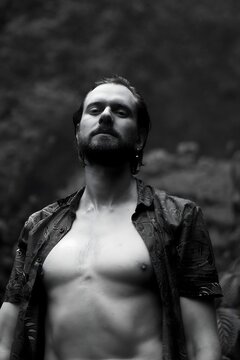 Black and White Portrait Bearded Man Looking Up Waterfall Bali