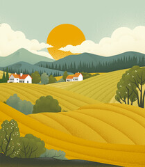 Fototapeta premium Fields rolling hills and mountains farm landscape background illustration with countryside mountains, sunrise sun, clouds and trees. Original rural background drawing in vintage pointillism dot style