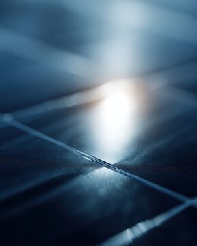 Close-up of a solar panel surface, geometric blue patterns, reflecting the sun, tech energy