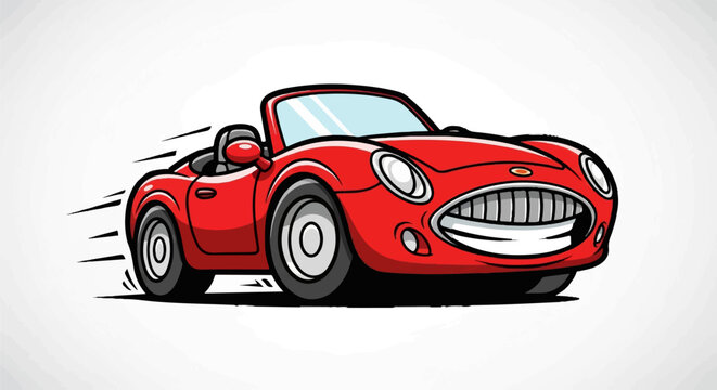 A vibrant red convertible sports car zooms ahead with a wide, toothy grin