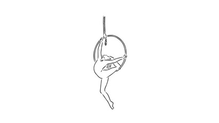 A minimalist line art illustration of a woman performing aerial hoop acrobatics © logo master