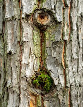 Close Up of Tree Trunk with Moss and Knothole Features Vertical Shot