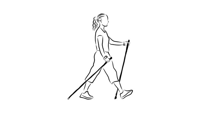 A woman walking with trekking poles in a minimalist line art style
