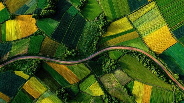 Drone View Captures Patchwork of Agricultural Fields With Winding Road in Vibrant Greens and Golds in a Wide Landscape Design