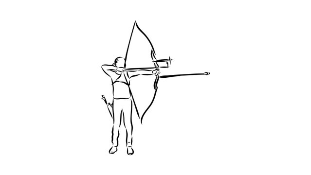 A minimalist line art illustration of an archer aiming a bow and arrow