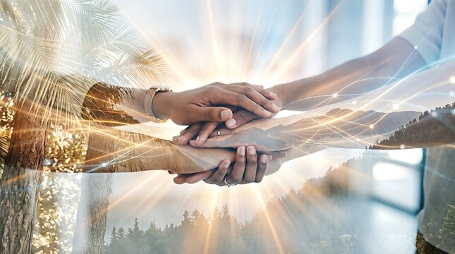 A group of hands joined together, symbolizing unity and collaboration amidst vibrant nature.