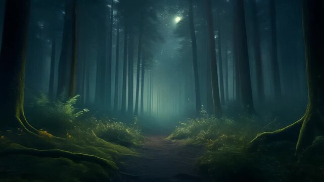 Mystical forest path bathed in ethereal moonlight, surrounded by ancient, moss-covered trees, creating a serene and enchanting atmosphere for exploration