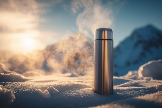 Thermos with Glowing Steam in Snowy Mountains
