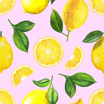 Gouache hand-drawn lemons and slices seamless pattern on pink background. Botanical illustration of whole fruits, halves, segments and green leaves. High quality vector for textile, wallpaper, print