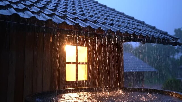 Rain falling from a roof into a water barrel at dusk