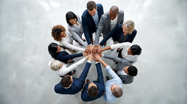 High angle view of a diverse business team joining hands in a circle, representing unity and collaboration.